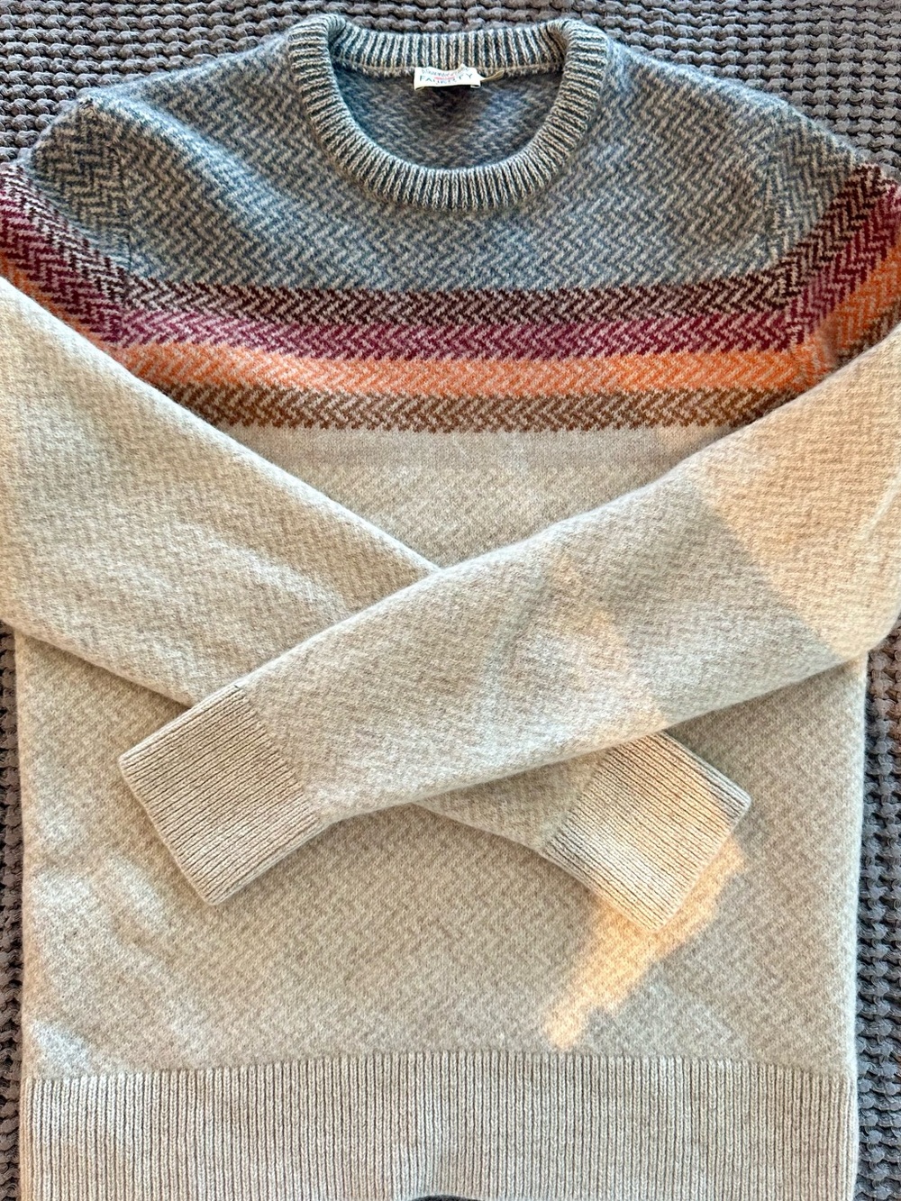 Faherty Cream Crewneck Sweater with Gray Yoke and Multicolor Stripes